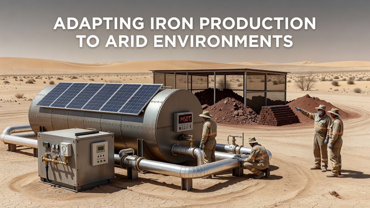 Close-up of solar-powered iron ore processing equipment adapted for arid conditions with dust suppression systems