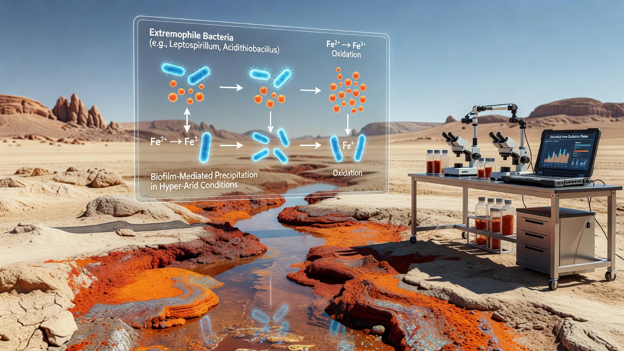 Close-up view of iron oxide layers formed through microbial processes in desert crusts
